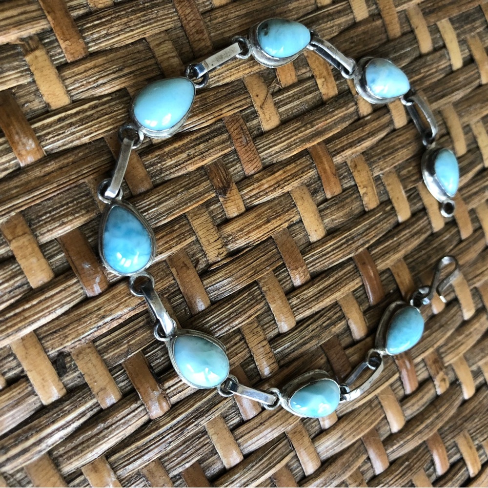 Vintage Larimar Stone Bracelet Silver .925 Teardrop Shape w/ Link Chain